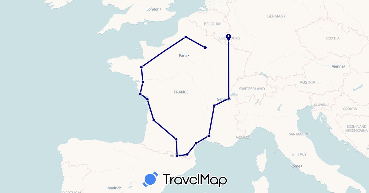 TravelMap itinerary: driving in Andorra, Switzerland, France, Luxembourg (Europe)